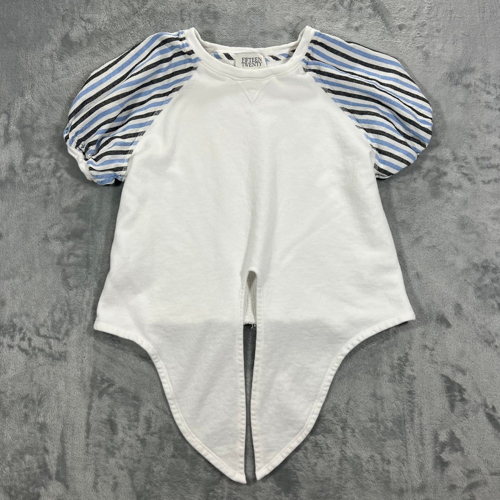 Fifteen Twenty Tie Front Top Womens XS White Striped Puff Sleeve Organic Cotton
